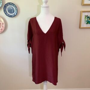 Halston Heritage 100% Silk Bias Low V Neck Shift Mini Dress Burgundy Maroon 2